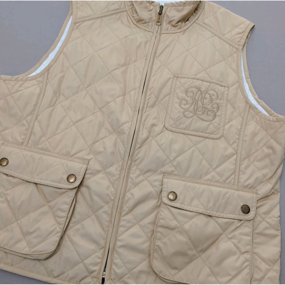 Lauren Ralph Lauren Vest White/Tan Quilted Reversible Monogram Sz Petite L